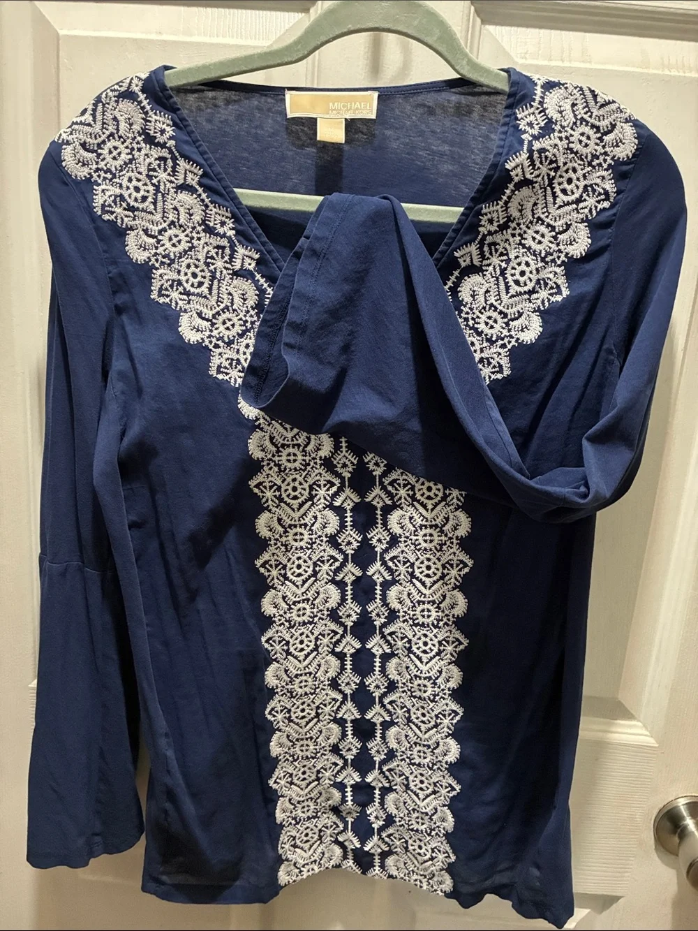 Michael Kors Navy Long Sleeve Top with White Embroidered Trim
